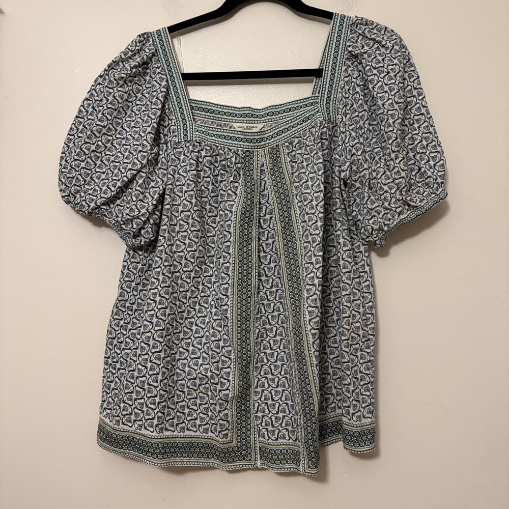 Max Studio London Blue Paisley Puff Sleeve Square Neck‎ Blouse M